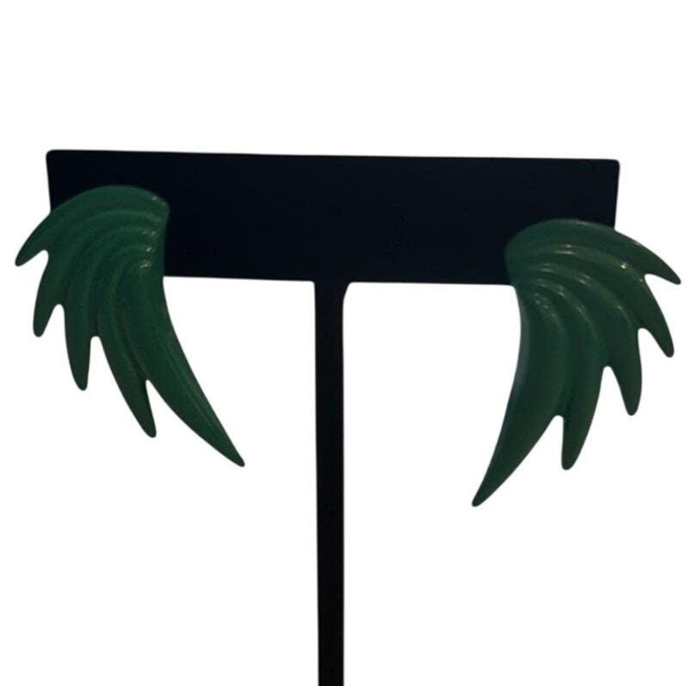 Vintage Green Enamel‎ Wing Earrings Bold Sculptural Flame Post Back Statement